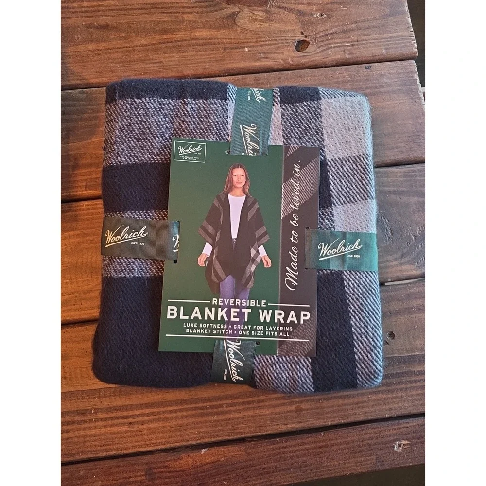 🆕 Woolrich Reversible Blanket Wrap – Luxe Softness, One Size Black / Grey Strip